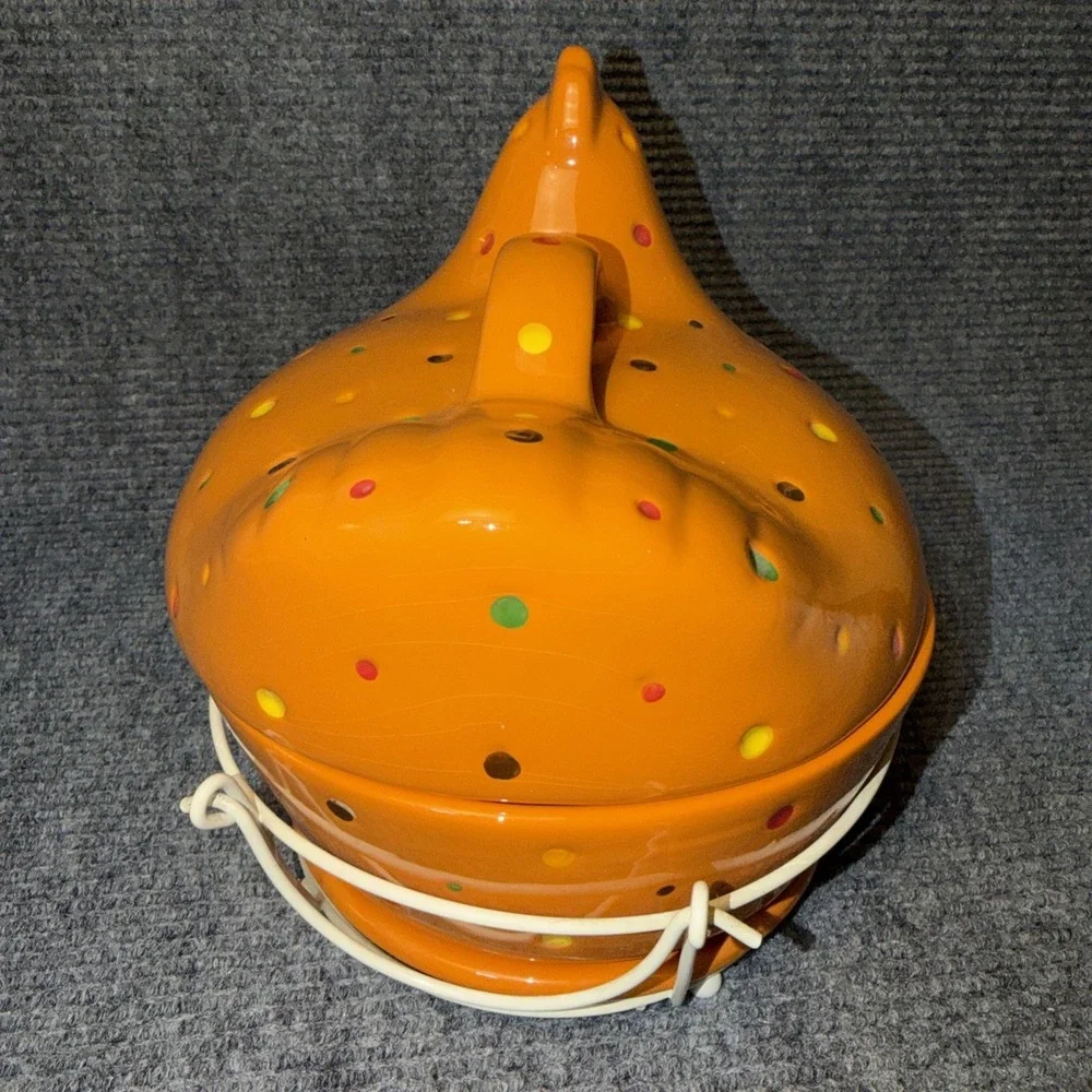 3Pc Temptations By Tara Orange Polka-Dot Hen Chicken Ovenware Basket Lid